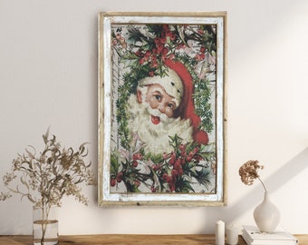 Santa Wall Decor | 24" x 36" | Christmas Wall Art | Rustic Xmas Decor | Woodland Wall Decor | Solid Wood Frame | Linen Printed Fabric