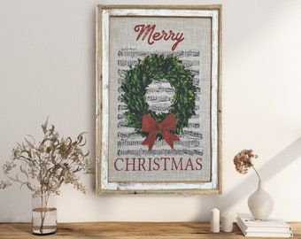 Merry Christmas Wall Decor | 24" x 36" | Farmhouse Wall Art | Rustic Decor | Woodland Wall Decor | Solid Wood Frame | Linen Printed Fabric