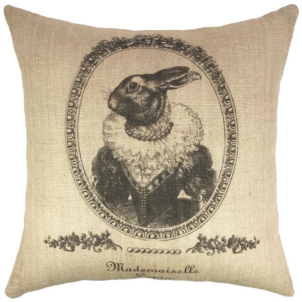 French Grainsack Throw Pillow, Bunny Burlap Pillow