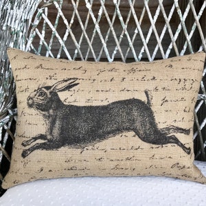 Rabbit Burlap Pillow, Grainsack Lumbar Pillow, Country Farmhouse, 18x12