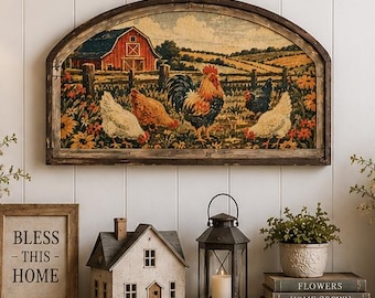 Farmhouse Framed Wall Art | 36" x 20" Farm Chickens | Wildflower Farmhouse Decor for Living Room | Gift for Mom | Solid Wood Frame