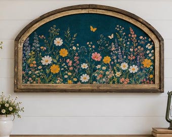 Cottagecore Landscape Wall Art | 36" x 20" | Bright Flowers Arched Wall Decor | Moody Wall Art | Modern Farmhouse | Delicate Florals