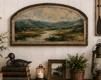 Mountain Landscape Wall Art | 36" x 20" | Farmhouse Arched Wall Decor | Lake Wall Art | Wooden Living Room Decor |
