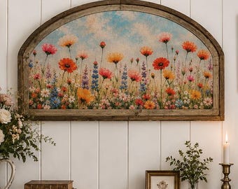 Floral Landscape Wall Art | 36" x 20" | Bright Flowers Arched Wall Decor | Moody Wall Art | Modern Farmhouse | Delicate Florals
