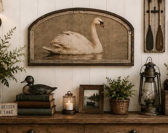 Swan Wall Art | 36" x 20" | Farmhouse Arched Wall Decor | Lake Wall Art | Wooden Living Room Decor |