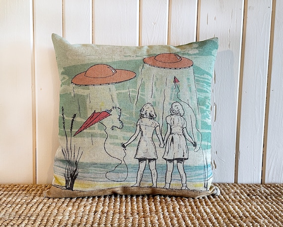 Retro Futurism Throw Pillow | Eclectic Decor | Coastal Cushion | Linen & Cotton Blend | Groovy