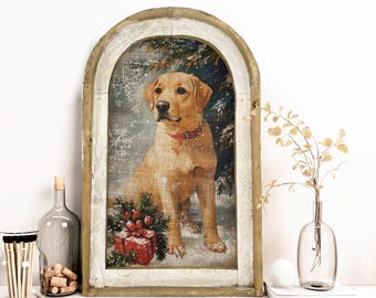 Christmas Dog Wall Art  | 14" x 22" | Yellow Lab Wall Decor | Fireplace Winter Decoration | Farmhouse Shelf Decor | Christmas Decor |