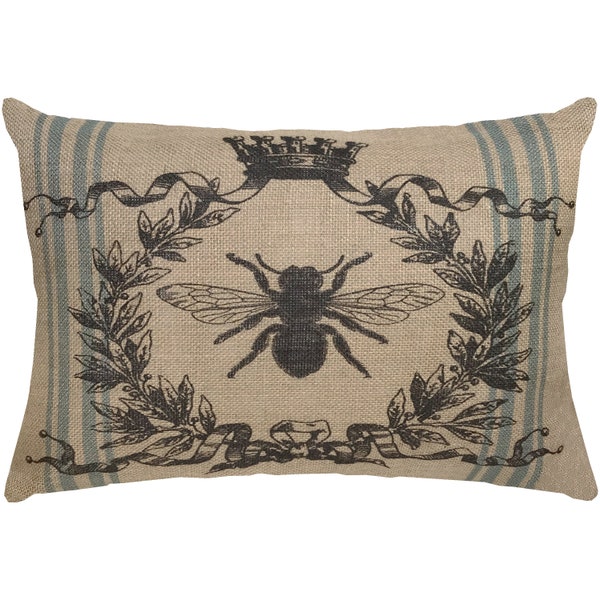 Burlap Bee Pillow, Grainsack Lumbar Pillow, French Farmhouse, 18x12