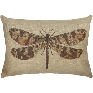 Dragonfly Burlap Pillow, Rustic Lumbar Pillow, Country Farmhouse, 18x12