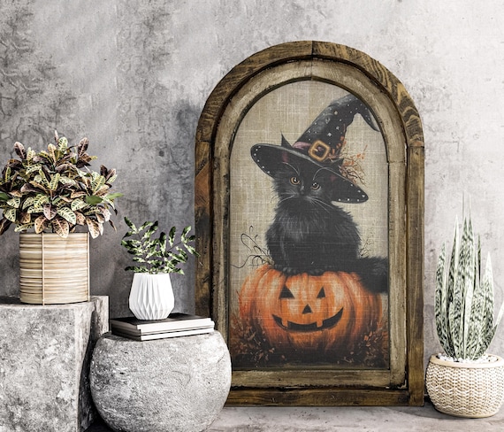 Halloween Wall Decor | Black Cat Decor | Witchy Pumpkin Art | Gothic Wall Decor | Eclectic Framed Art | 14" x 22"