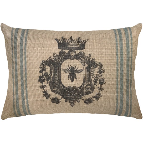 Bee Burlap Pillow, Grainsack Lumbar Pillow, French Farmhouse, 18x12