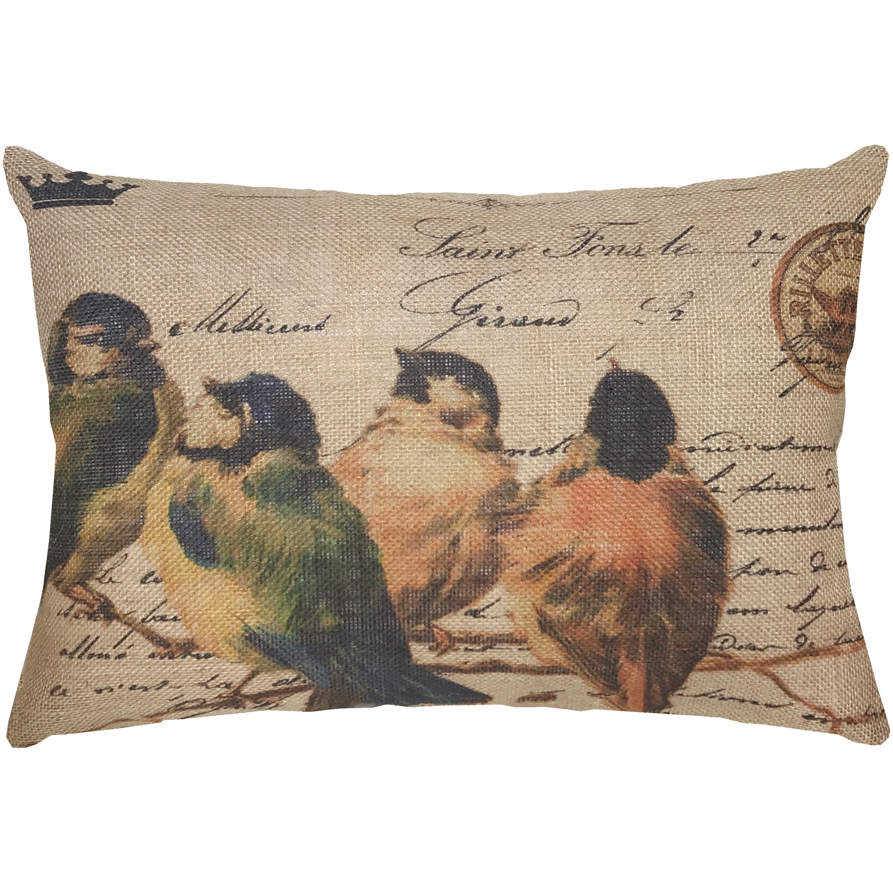 Brown Birds Burlap Pillow, French Lumbar Pillow, Country Farmhouse, 18x12