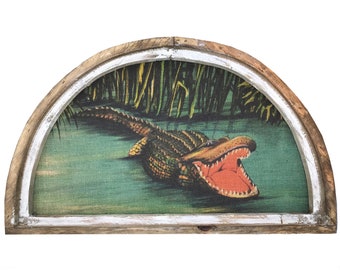 Gator Wall Art | 30" x 18" | Arch Window Frame | Burlap Wall Hanging | Coastal Decor |