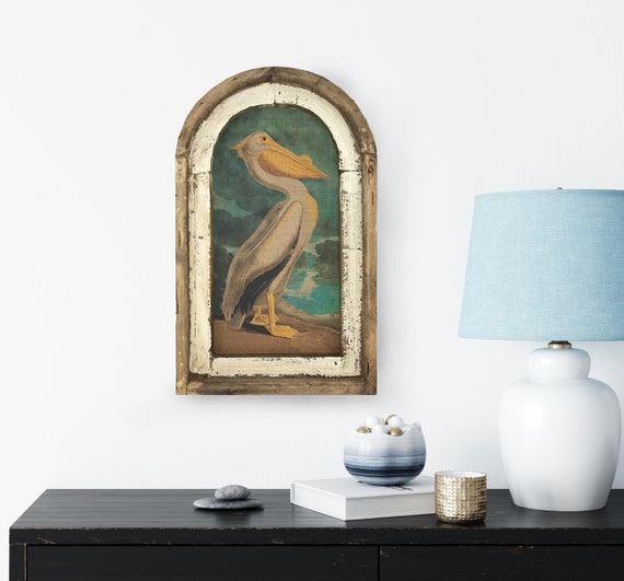 Pelican Wall Art | 14" x 22" | Arch Window Frame | Linen Wall Hanging | Coastal Decor |