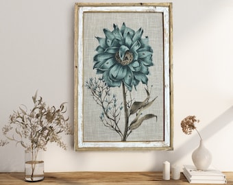 Blue Flower Wall Art | 24" x 36" | Solid Wood Frame | Blue Botanicals Wall Art | Muted Coastal |