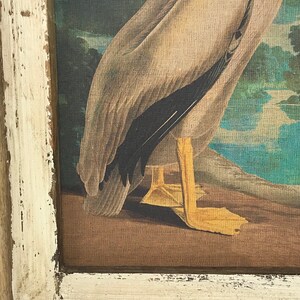 May include: A framed painting of a white pelican with black wing feathers standing on a brown surface. The pelican is facing to the left and its head is not visible in the image. The frame is white with brown wood underneath.