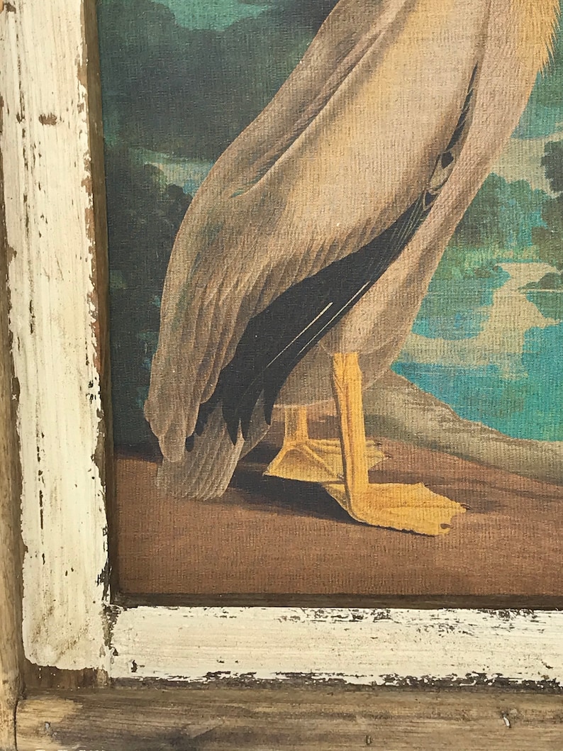 May include: A framed painting of a white pelican with black wing feathers standing on a brown surface. The pelican is facing to the left and its head is not visible in the image. The frame is white with brown wood underneath.