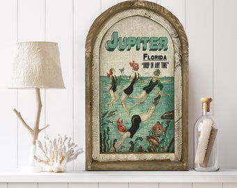 Jupiter, Florida Wall Art | Florida Postcard | Coastal Wall Decor | Mermaid Wall Art | Beach House | Wood & Linen Wall Art |