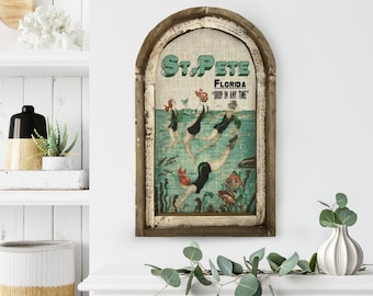 St. Pete, Florida Wall Art | Florida Postcard | Coastal Wall Decor | Mermaid Wall Art | Beach House | Wood & Linen Wall Art |