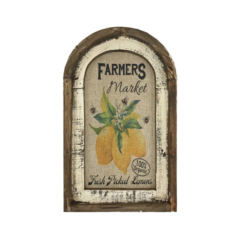 May include: A rustic wooden framed sign with a whitewashed finish. The sign features a burlap background with a vintage illustration of lemons and bees. The text on the sign reads "Farmers Market", "100% Organic", and "Fresh Picked Lemons".
