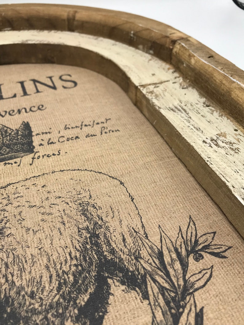 Op de afbeelding: Een ingelijste print met een rustieke houten lijst. De print toont een zwart-witte illustratie van een beer met een kroon op zijn kop en de tekst "LINS" en "vence" boven de beer. De tekst onder de beer luidt "ami, bienfaisant a la Coca du feron forces."