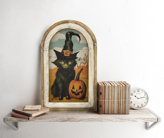 Halloween Wall Decor | Black Cat Decor | Witchy Pumpkin Art | Gothic Wall Decor | Eclectic Framed Art | 14" x 22"