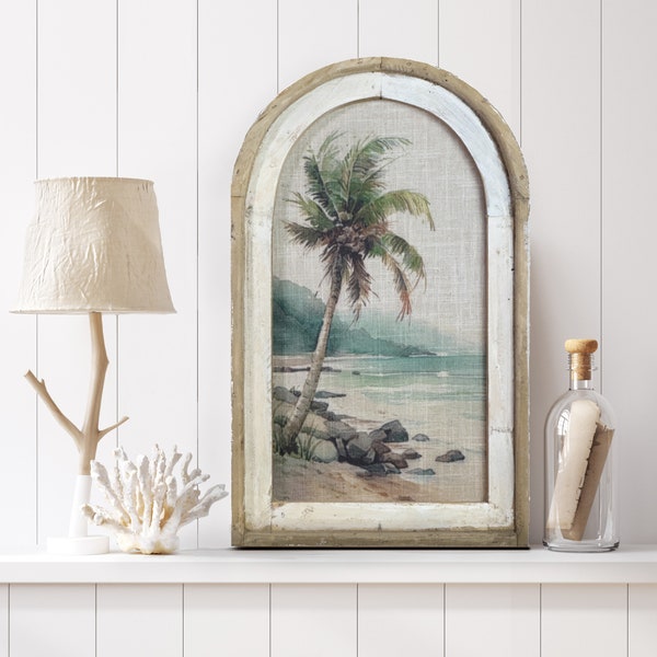 Coastal Palm Tree Wall Decor | Wall Art | Bathroom Wall Decor | Linen & Wood Wall Hanging | Watercolor Framed Artwork | Florida Decor