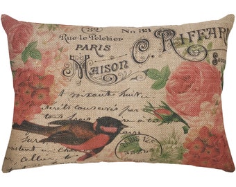 Red Bird Burlap Pillow, French Roses Lumbar Pillow, French Farmhouse, 18x12