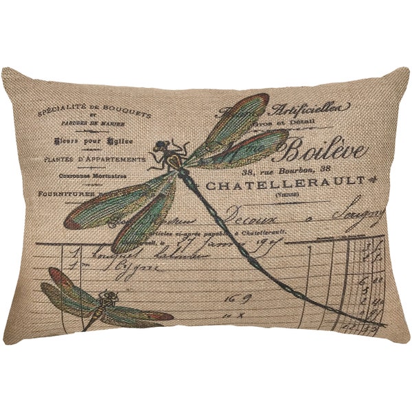 Dragonfly Burlap Pillow, French Lumbar Pillow, Country Farmhouse, 18x12