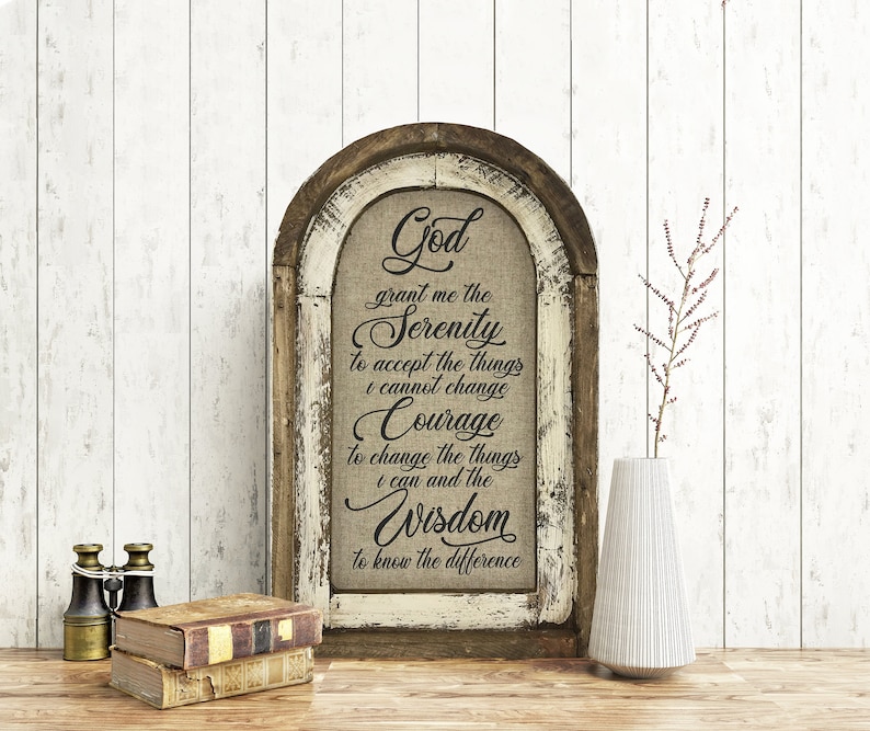Serenity Prayer Wall Art | 14" x 22" | Arch Window Frame | Linen Wall Hanging | Rustic Decor | image 1