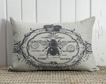 French Bee Throw Pillow | Modern Farmhouse Decor | Crest Lumbar Pillow | Grainsack Pillow | 18" W x 12" H |