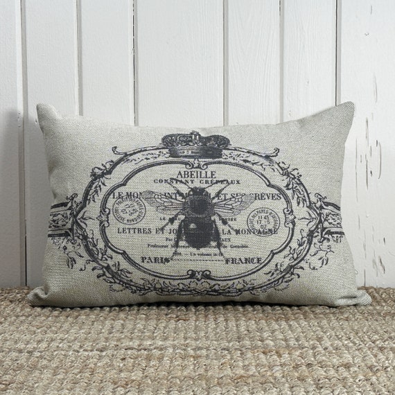 French Bee Throw Pillow | Modern Farmhouse Decor | Crest Lumbar Pillow | Grainsack Pillow | 18" W x 12" H |