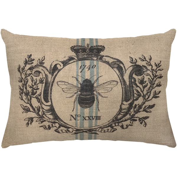 Burlap Bee Pillow, Grainsack Lumbar Pillow, French Farmhouse, 18x12