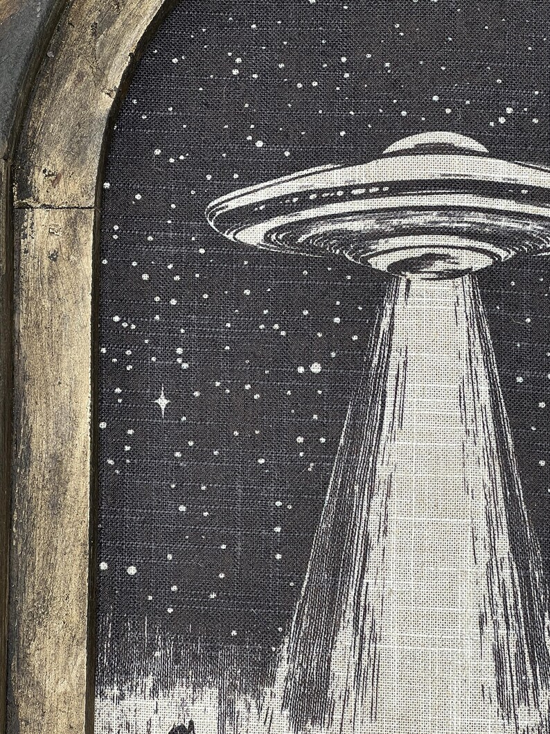 May include: A black and white illustration of a UFO with a beam of light shining down on a field of grass. The UFO is against a black background with white stars.