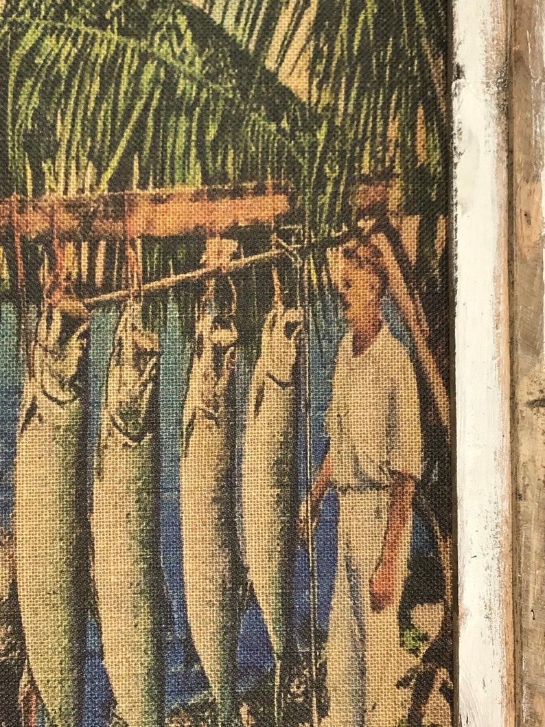 Farmhouse Decor | Tarpon Fishing Wall Art Window Frame Burlap Wall Hanging 16 x 36