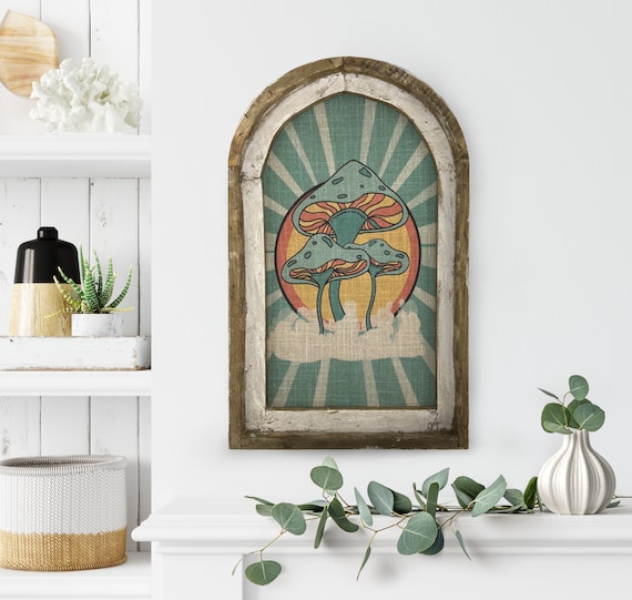 Groovy Mushrooms Wall Decor | 14" x 22" | Handmade Eclectic Wall Art | Linen & Wood Wall Hanging |