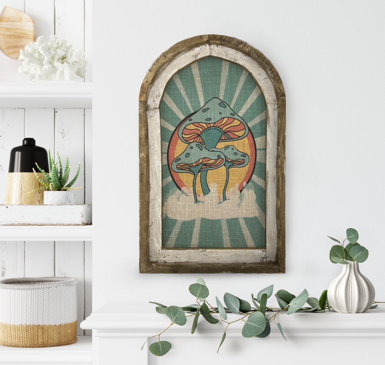 Groovy Mushrooms Wall Decor | 14" x 22" | Handmade Eclectic Wall Art | Linen & Wood Wall Hanging | image 1