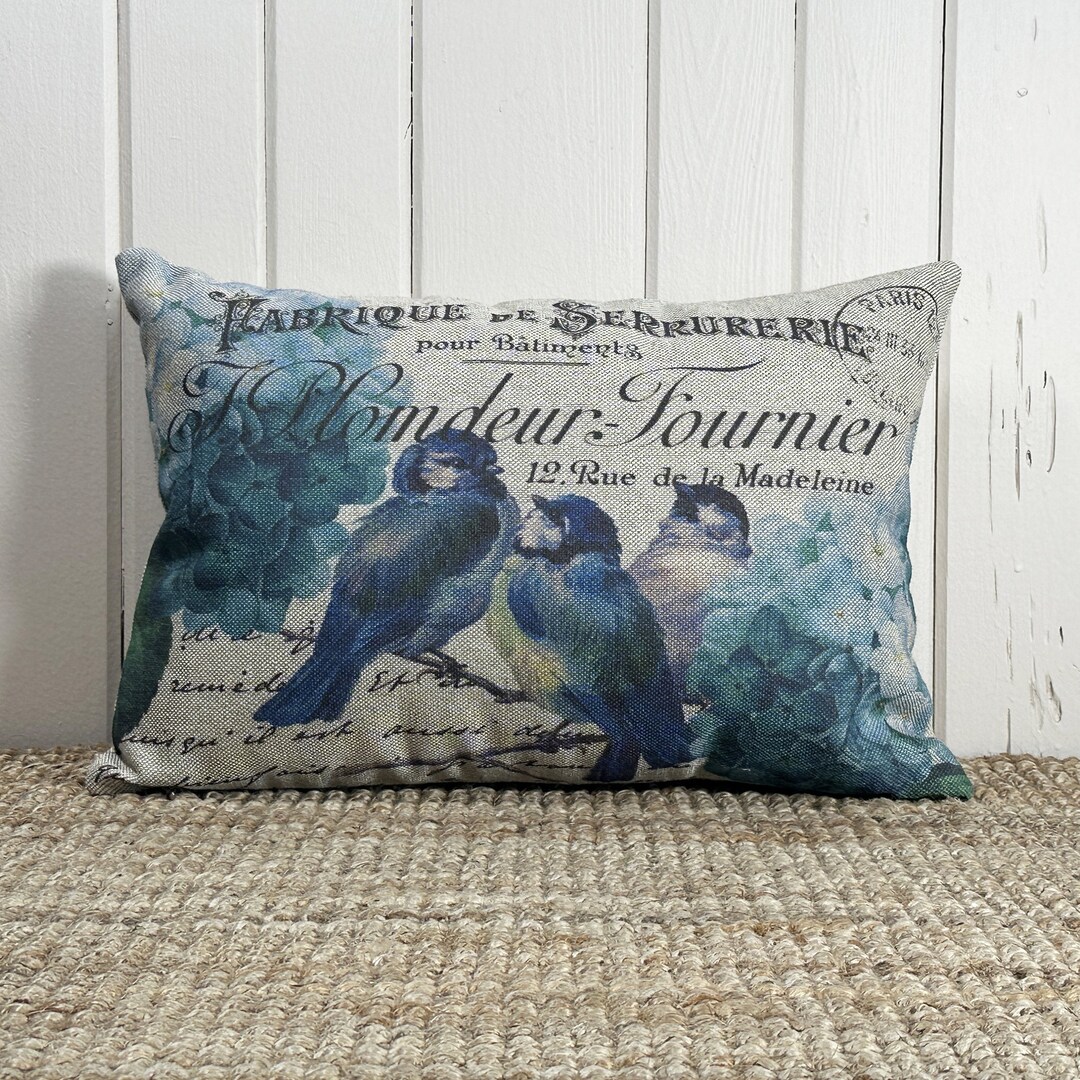 Blue Birds Throw Pillow Modern Farmhouse Decor Shabby Chic Lumbar
