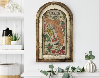 Florida Map Wall Art | 14&quot; x 22&quot; | Arch Window Frame | Linen Wall Hanging | Citrus Decor |