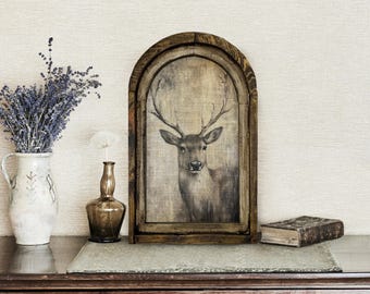 Framed Rustic Deer Wall Decor | 14" x 22" | Primitive Deer Decor | Winter Wall Hanging | Farmhouse Xmas Decor |
