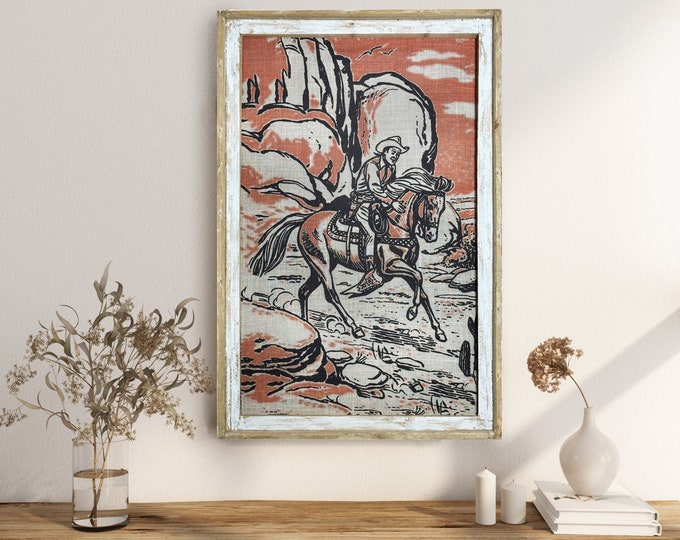 Southwestern Wall Art | 24" x 36" | Solid Wood Frame | Western Cowboy Wall Art | Equestrian | Orange Rust
