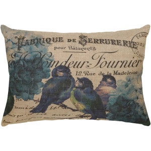 French Blue Birds Burlap Pillow, French Lumbar Pillow, Country Farmhouse, 18x12