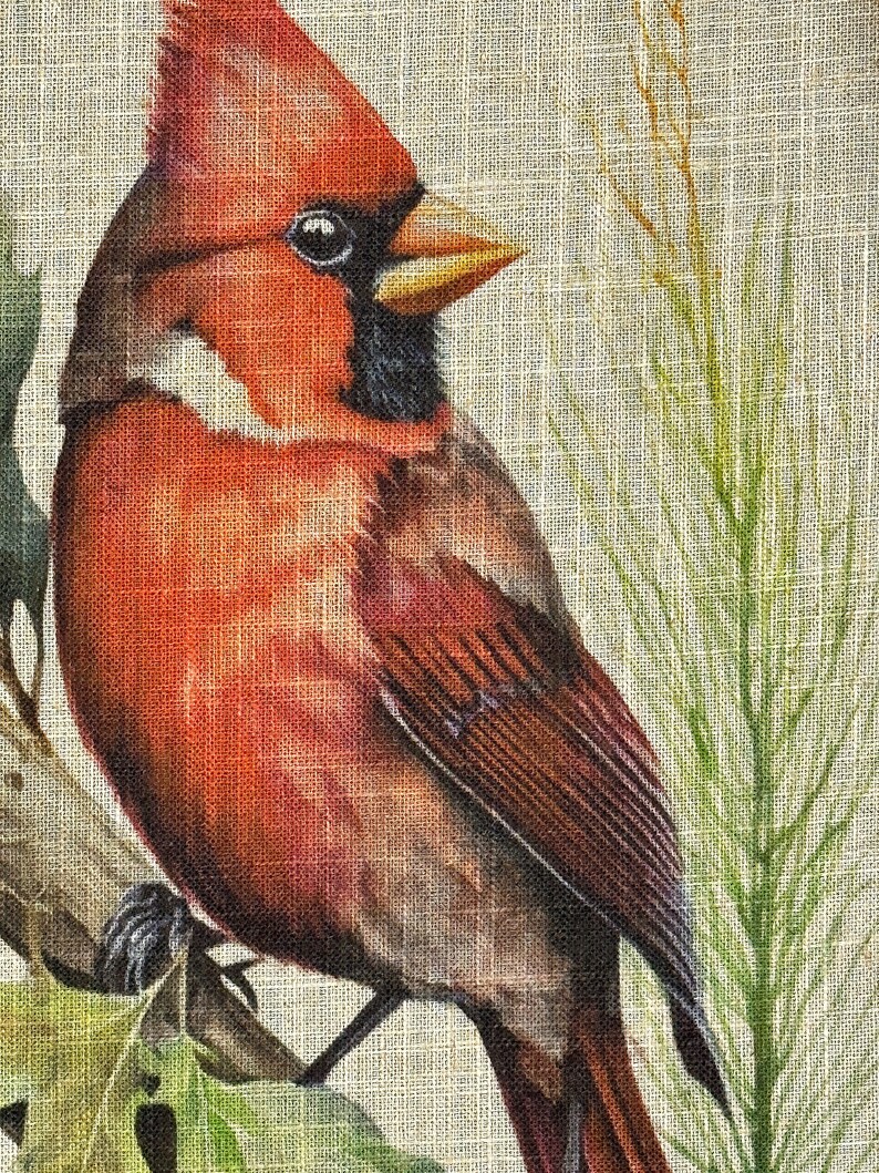May include: A red cardinal bird perched on a branch with green leaves. The bird has a black eye and a yellow beak. The background is a beige burlap fabric.