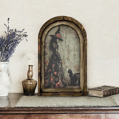 Halloween Witch Wall Art | Halloween Decor | Farmhouse Wall Art | Gothic Wall Decor | Eclectic Pumpkin Framed Art | 14" x 22"