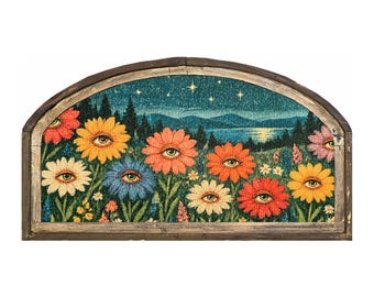 Eclectic Floral Wall Art | 36" x 20" | Cottagecore Eyes Arched Wall Decor | Celestial Wall Art | Modern Farmhouse | Delicate Florals
