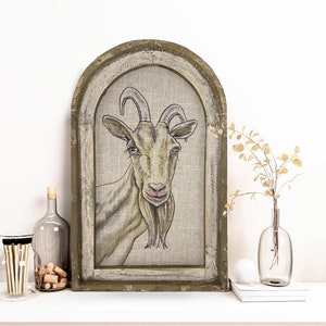 Billy Goat Wall Art | 14" x 22" | Arch Window Frame | Linen Wall Hanging | Rustic Farmhouse Decor | Watercolor