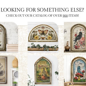 May include: Six framed wall art pieces with a vintage aesthetic. The frames are all arched and have a distressed wood finish. The artwork includes a crescent moon with hands, a butterfly, a crow, a rabbit, a fortune teller, and a mushroom.