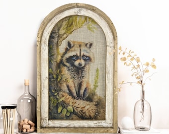 Raccoon Wall Art | 14" x 22" | Woodland Spring Decor | Linen Wall Hanging | Rustic Farmhouse Decor |