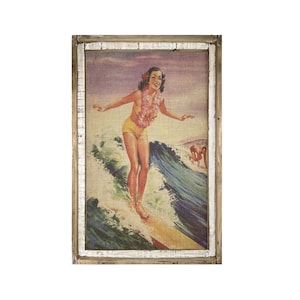 Surfer Wall Art | 24" x 36" | Beach Wall Decor | Coastal Burlap Sign | Bathroom Decor | Vintage Swimsuits Artwork | Hawaii Sign