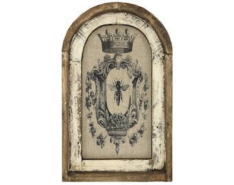 Bee Crest Wall Art | 14" x 22" | Arch Window Frame | Linen Wall Hanging | French Farmhouse Decor |